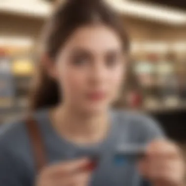 Illustration of a teenager making a smart purchase decision with a bank card