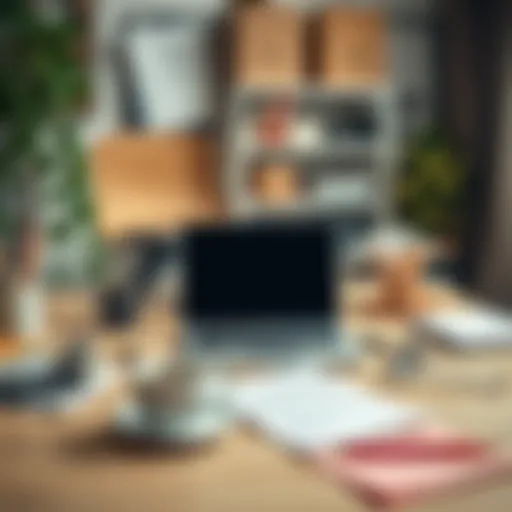 Organized Workspace for Writing Cover Letters A well-organized workspace with a laptop and stationery