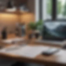 A well-organized desk featuring a laptop and documents for letter writing.