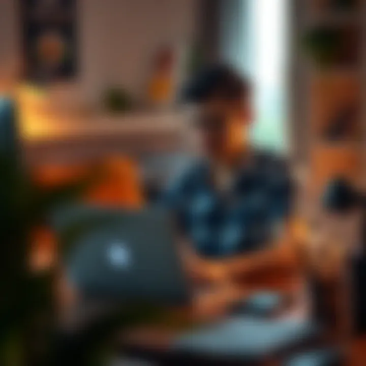 A focused individual working on a laptop in a cozy home office environment