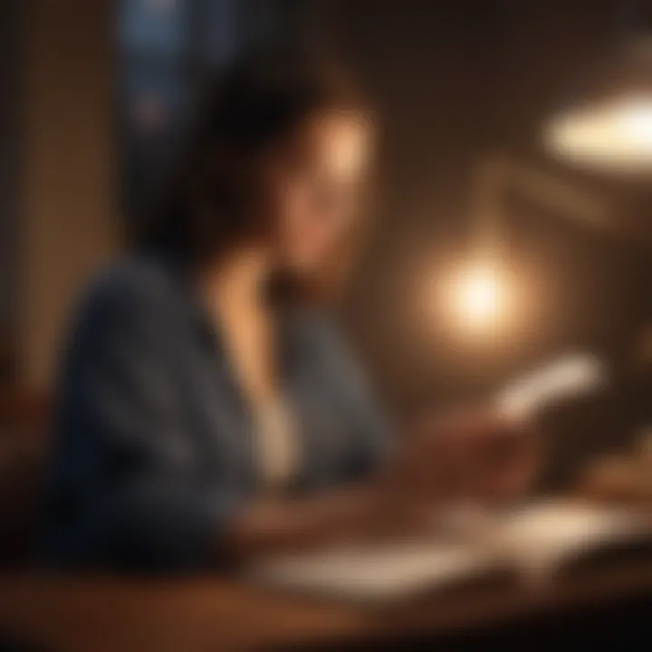 A person reading an investment book under a bright lamp in a cozy setting