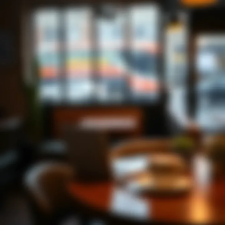 Cozy workspace with a laptop and coffee in a trendy cafe