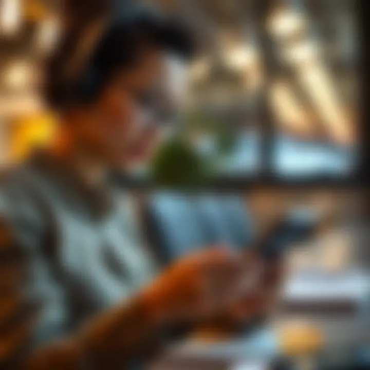 A professional listening to a podcast on a mobile device