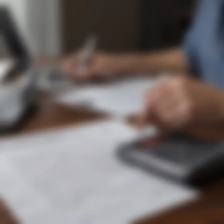 An individual reviewing financial documents with a calculator and laptop