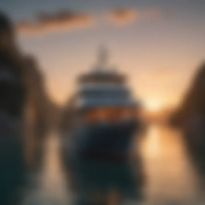 A serene liveaboard boat anchored in a tranquil bay with the sun setting in the background