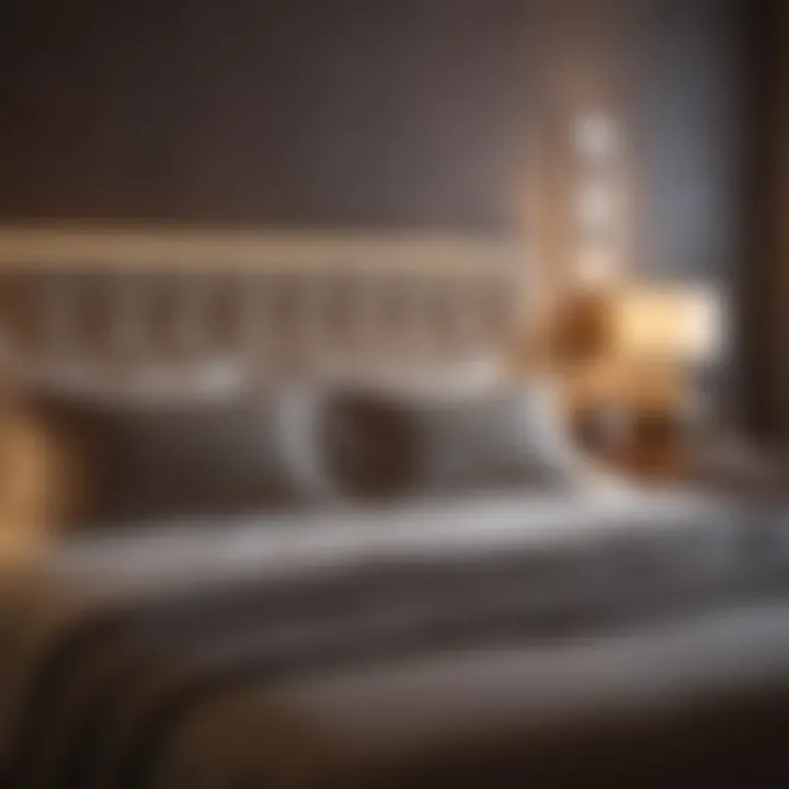 Cozy hotel bed with plush pillows and warm lighting