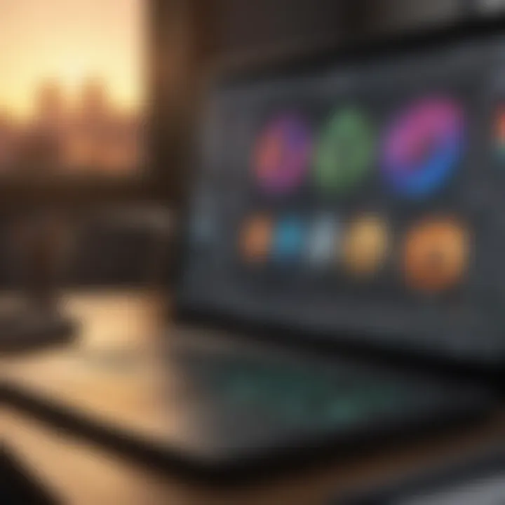 A laptop displaying a vibrant graphic design interface with tools and palettes.