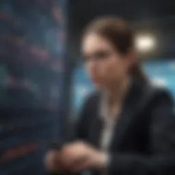 Conceptual illustration of a young investor examining stock trends on a digital screen.