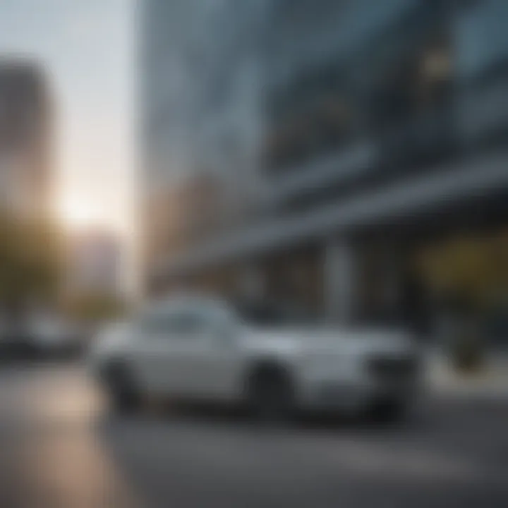 Luxury car parked in front of modern office building