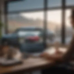 A person working from home with a laptop and a car in the background