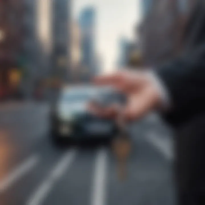 Elegant hand holding car key against cityscape backdrop