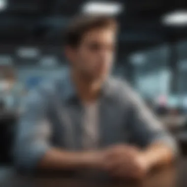 Contemplating Career Options A young professional contemplating career options in a modern workspace.