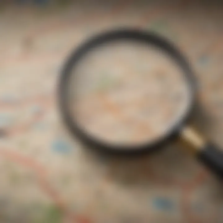 Magnifying glass over a map with marked locations of foreclosures