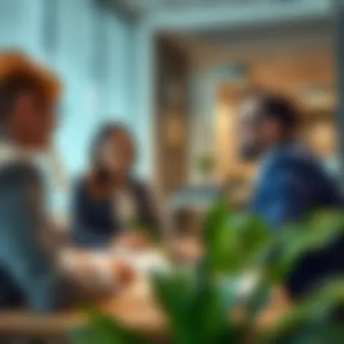 Business professionals discussing lease agreements in an office