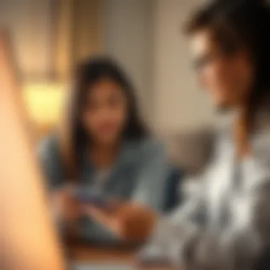 A parent discussing financial habits with their teenager while reviewing a prepaid debit card options.