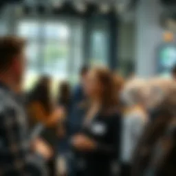 A professional networking event with individuals engaging in conversations.