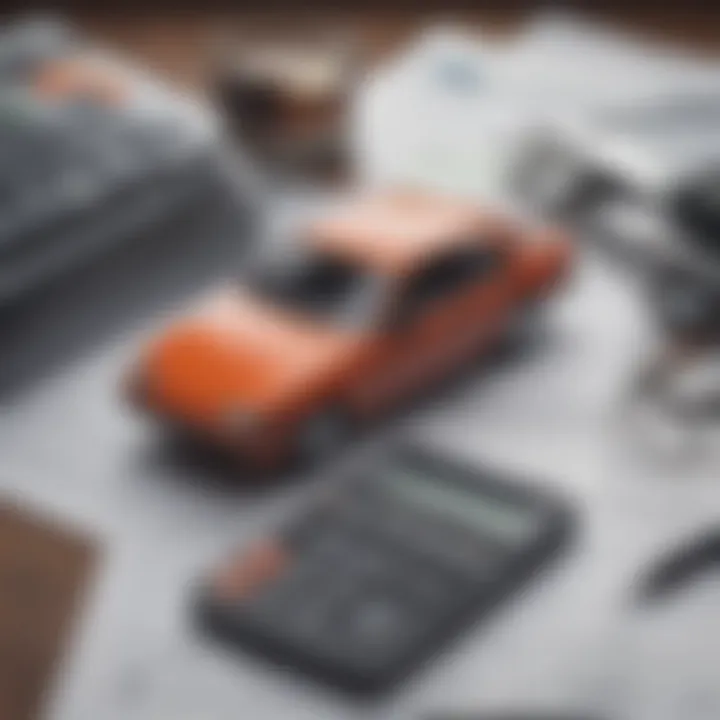 A close-up of classic car financing documents and a calculator