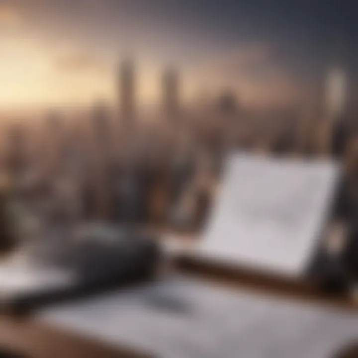 Tax documents on a desk with a cityscape backdrop